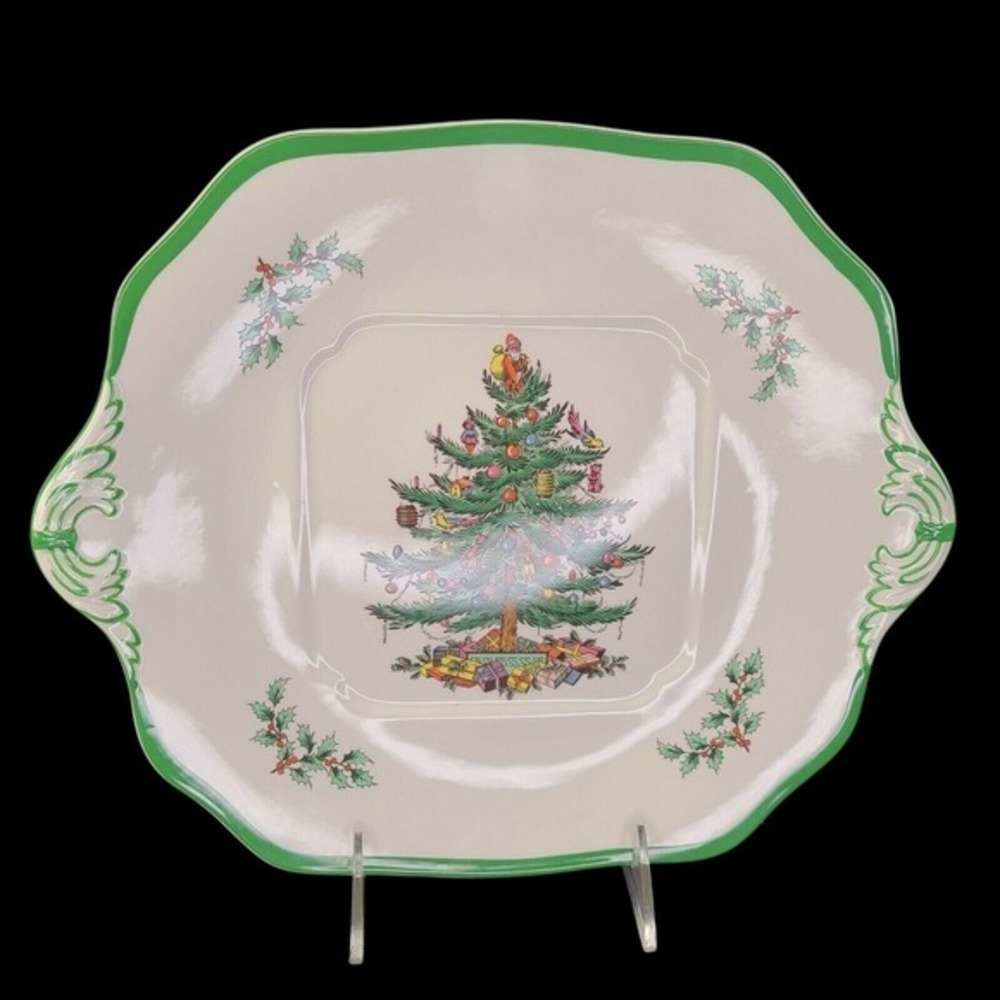 Spode Christmas Tree Square Cake Plate Handled Serving Tray Green Trim S3324E